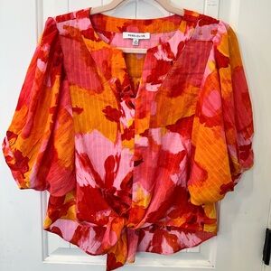 Rose + Olive Floral Balloon Sleeve Tie Front Blouse Orange Pink XS